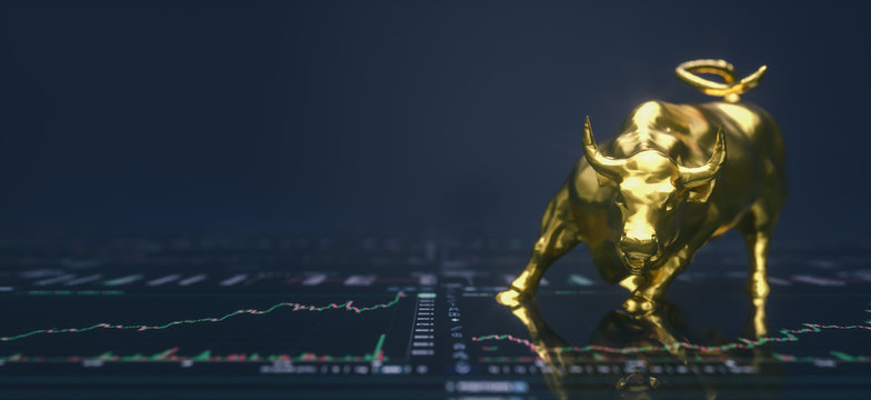 Wallstreet bull and bear on stock chart background. Stock exchange concept