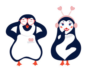 Penguins in love.Vector illustration.A cartoon pair of penguins a boy and a girl are standing and smiling, a heart sticks out in a pocket.Cute characters in trendy flat style.Can be used for web