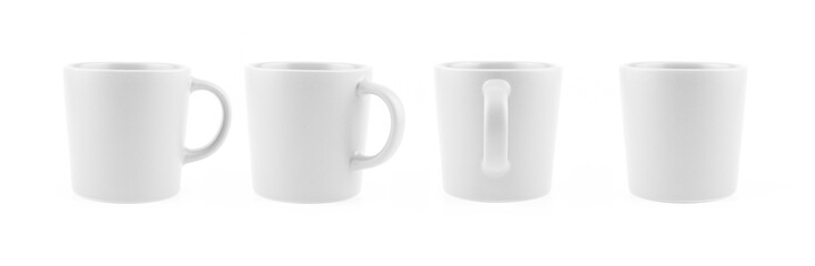 White Mugs From Different sides, Blank Ceramic cup Isolated on White Background. Food and Drink object Concept Design.