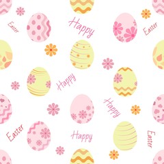 seamless pattern of easter eggs with patterns in pink yellow on on transparent background, happy easter