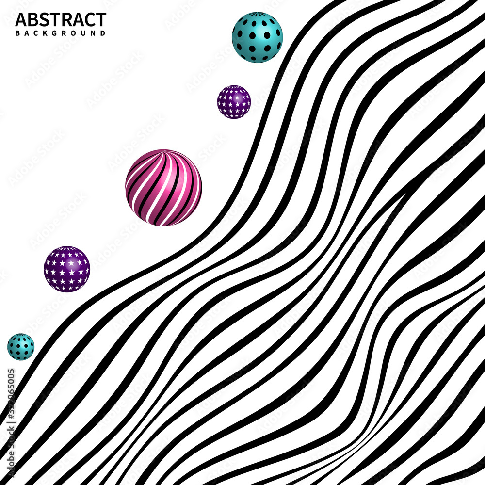 Poster abstract black and white curved line stripe wave background and 3d circles color.