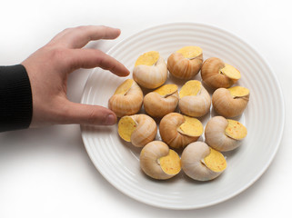 Hand holds snail stuffed with sauce