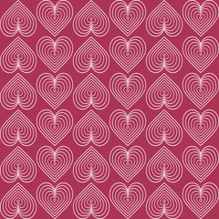 Seamless modern pattern. In vintage art deco style. Isolated white heart-shaped elements on a red, light burgundy background. For background, fill, packaging, and wallpaper design.