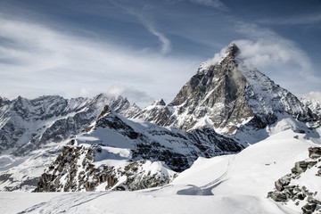 view of Matterhorn peak against blue sky Swiss Alps