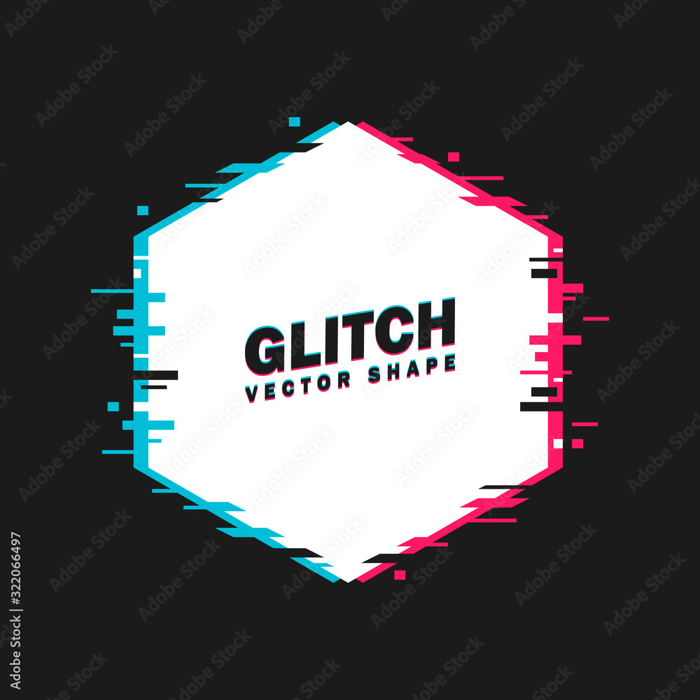 Poster geometric hexagon banner with glitch effect and shining lights. vector illustration. dark background