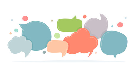 Speech bubbles doodle in different colors isolated on white. Chat banner template. Discussion concept. Vector illustration