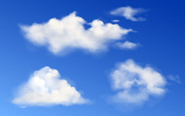 Naklejka na ściany i meble White clouds in blue sky. Vector realistic fluffy different shapes clouds in clean heaven in summer or spring day. Sunny clear weather