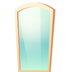 Vector mirror in beige plastic frame with reflective surface isolated on white background. Vector cartoon illustration of bath or dressing room furniture, glass mirror with rounded top