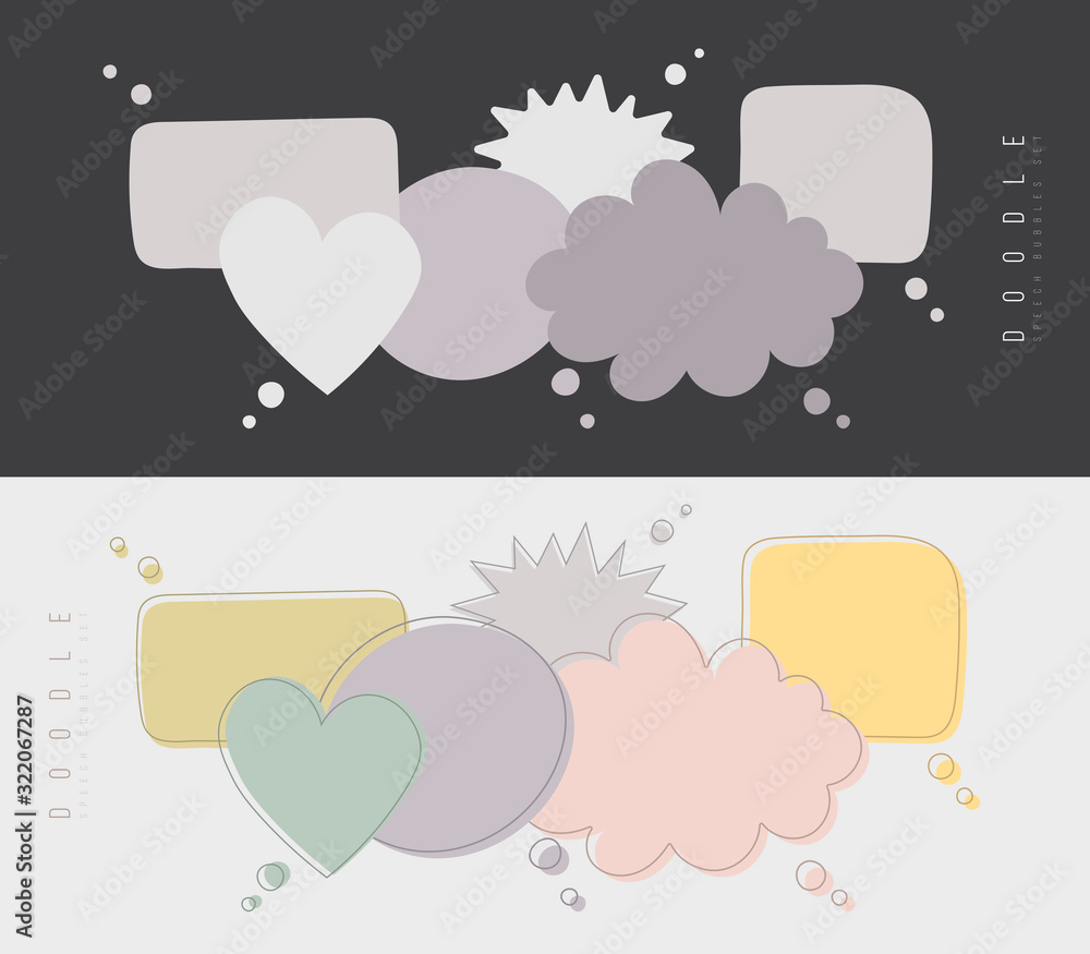 Poster speech bubbles doodle in different colors isolated on dark and light background. chat banner templat