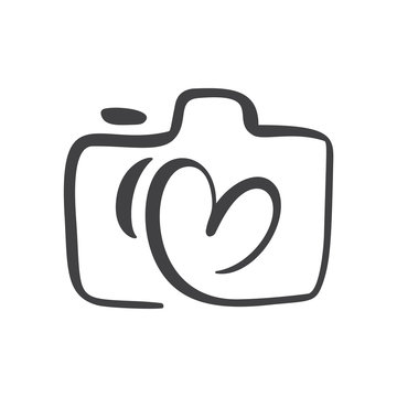 Calligraphic brush camera with heart graphic design concept, logo vector set. Valentine card graphic photo icon