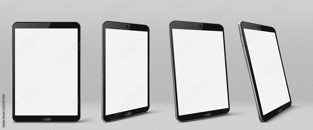 Poster tablet computer with white screen and black frame. vector realistic mockup of modern smart gadget wi