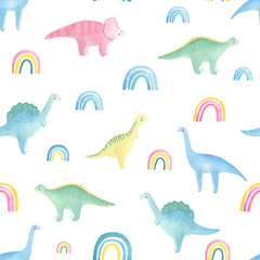 Fototapeta premium Dino and rainbow seamless pattern on white background. Children, kids textile background with dinosaur and colorful rainbow. Watercolor hand drawn. Сhildish style. For kids, little baby, toddlers.