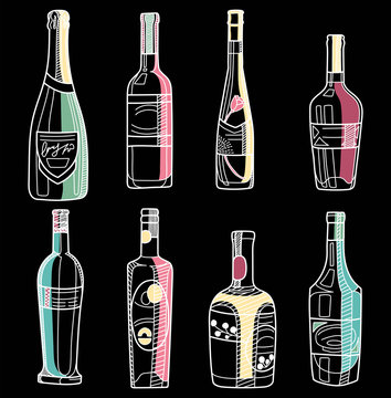Hand drawn alcohol bolltes. Vector sketch of a bottles colored with white outline on black background.