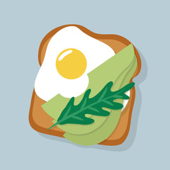 Vector illustration of a nice breakfast: scrambled egg and avocado on toast with greens