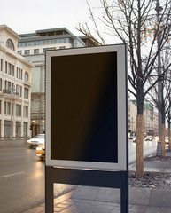 Blank black rectangular pylon stand on street mock up