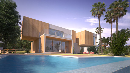 Modern villa with pool and exotic garden
