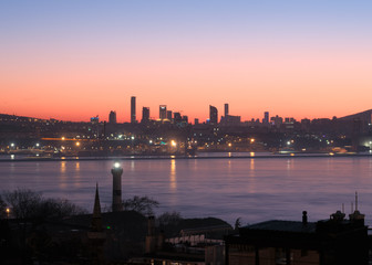 Istanbul, Turkey - Jan 11, 2020: The Bosphorus  Straits of Istanbul, Camlıca Hill and the business district of Uskudar is in the Background.