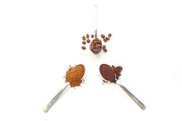 Cereal and instant and ground coffee in three spoons isolate. Spoon with instant coffee and coffee...