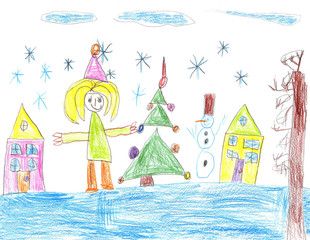 Child's drawing.Children play with snow outside christmas tree.Vacation, holiday, New year,...