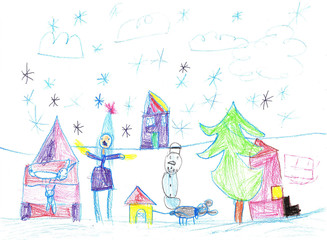 Child's drawing.Children play with snow outside christmas tree.Vacation, holiday, New year, Christmas