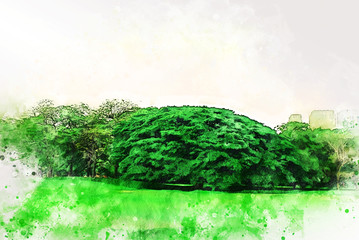 Abstract colorful shape on tree and field landscape watercolor illustration painting background.