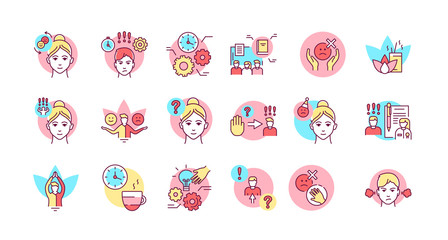 Self control color line icons set. Ability to regulate one's emotions, thoughts, and behavior in the face of temptations Pictogram for web page, mobile app, promo. Editable stroke.