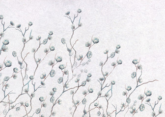 watercolor drawing, cotton bolls on a gray background