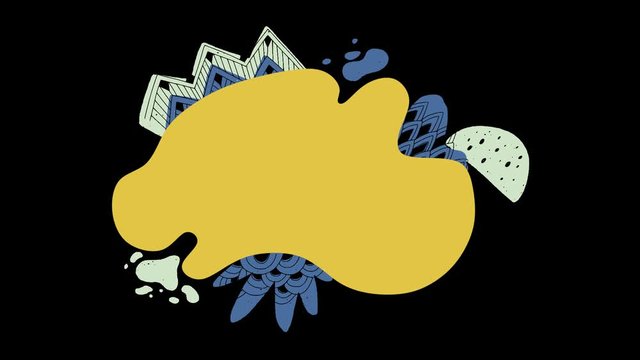 Mustard waving layout decorated with blue and pastel green paint blobs and hand drawn geometric forms. Ultra HD motion graphic with flowing shape banner. Flat style moving background alpha channel