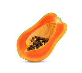 A half of ripe papaya fruit with seeds isolated on white background..