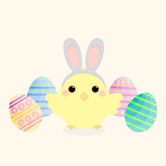 This is flat happy Easter Day background. Cute  card with chick and Easter eggs on yellow background.