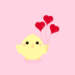 Naklejka premium This is cute chicken with balloons, heart. Outline vector chick isolated on pink background. Could be used for flyers, banners, postcards, holidays decorations.