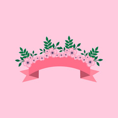 Obraz premium This is pink ribbon with flowers, leaf. Set of pink tape isolated on pink background. Could be used for flyers, banners, postcards, holidays decorations.