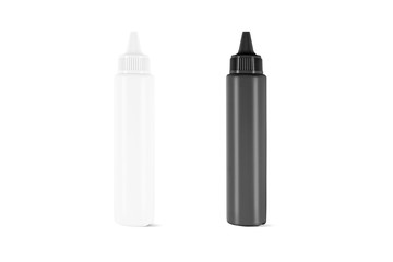 Blank black and white plastic tall bottle mockup, front view