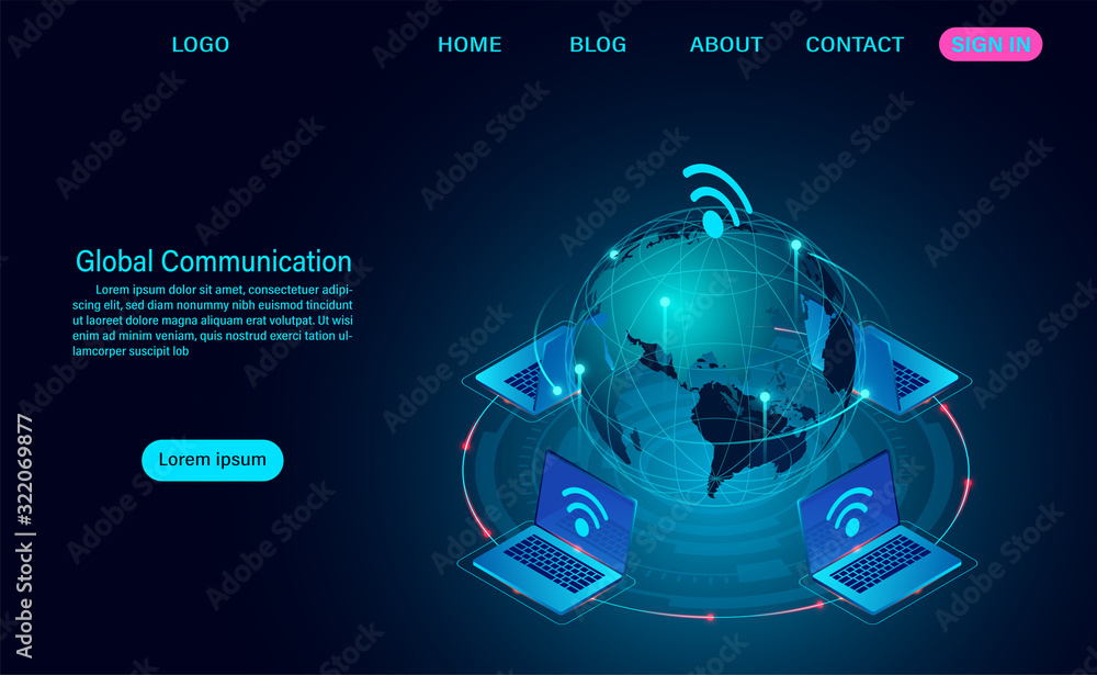 Poster global communication internet network around the planet. wireless technology telecommunication conce