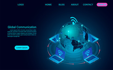 Global communication Internet network around the planet. wireless technology telecommunication concept. Isometric flat design vector illustration