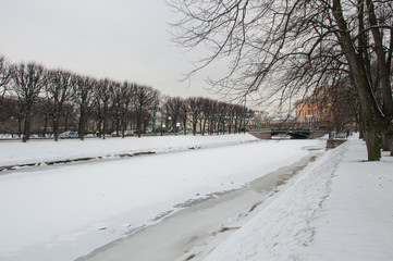 snowy city river in winter