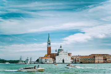 Venice, Italy. Chiesa di San Giorgio Maggiore or San Giorgio Maggiore island against blue sky and...