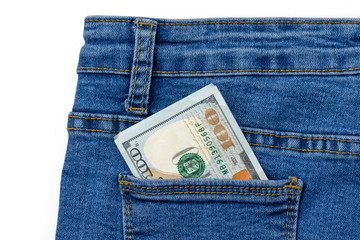 One hundred dollar banknote money in pocket jeans pants background texture. 100 dollar bill close up