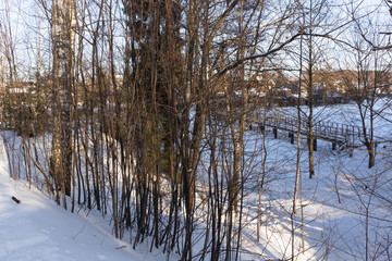 winter landscape with river, bridge and trees in sunny day