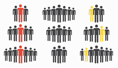 People icon set isolated on white. Crowd of people in black and red colors. Group of people in pictogram shape.