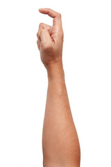 Male Asian hand gestures isolated over the white background. Pointing Visual Touch Action. Hook Pose.