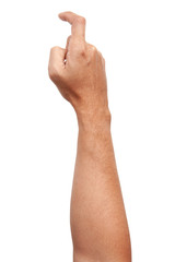 Male Asian hand gestures isolated over the white background. Pointing Visual Touch Action. Hook Pose.