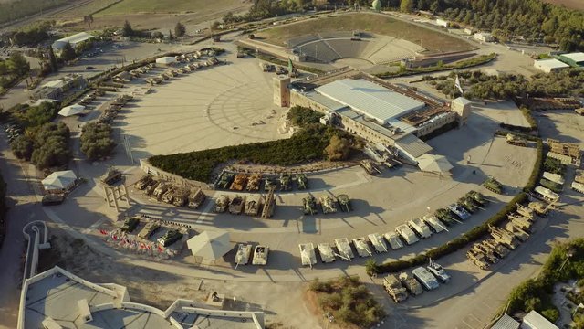 Tanks and artillery in Latrun military museum, Israel, 4k aerial drone view