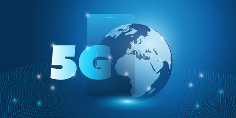 5G Network Label with Smart Phone and Earth Globe - Futuristic High Speed, Broadband Mobile Telecommunication and Wireless Internet Design Concept