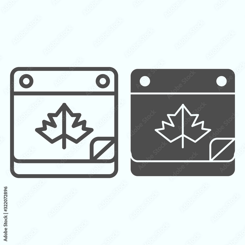 Poster calendar date line and solid icon. maple leaf on pocketbook page with bent corner. autumn season vec