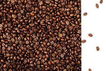 Coffee beans isolated on white background with space for text. Roasted coffee beans as background. Flat lay, top view, copy space