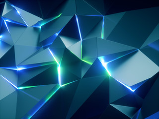 3d render, abstract faceted crystal background, metallic texture, green blue neon light, glowing laser lines, triangles, geometric crystallized wallpaper, modern fashion concept
