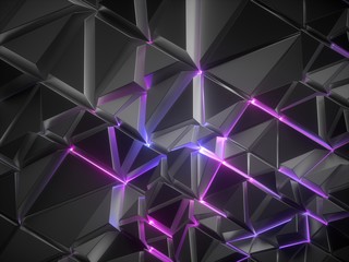 3d render, abstract black metallic faceted crystal background, pink blue glowing neon light, crystallized wallpaper, split mosaic triangular tiles, modern geometric texture grid, cyber network concept