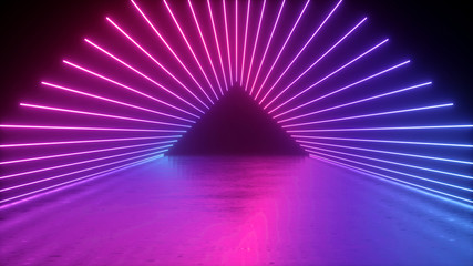 3d rendering, abstract neon background, empty triangular tunnel with pink violet glowing lines, long corridor, path, road, performance stage, floor reflection, ultraviolet light