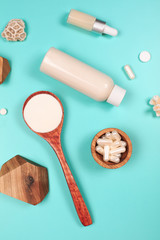 Different types of collagen. Powder, capsules, tablets and fluid.